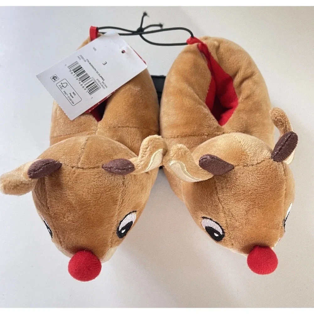 Rudolph Toddler Christmas Slippers The Red Nosed Reindeer Brown Size 3 NWT